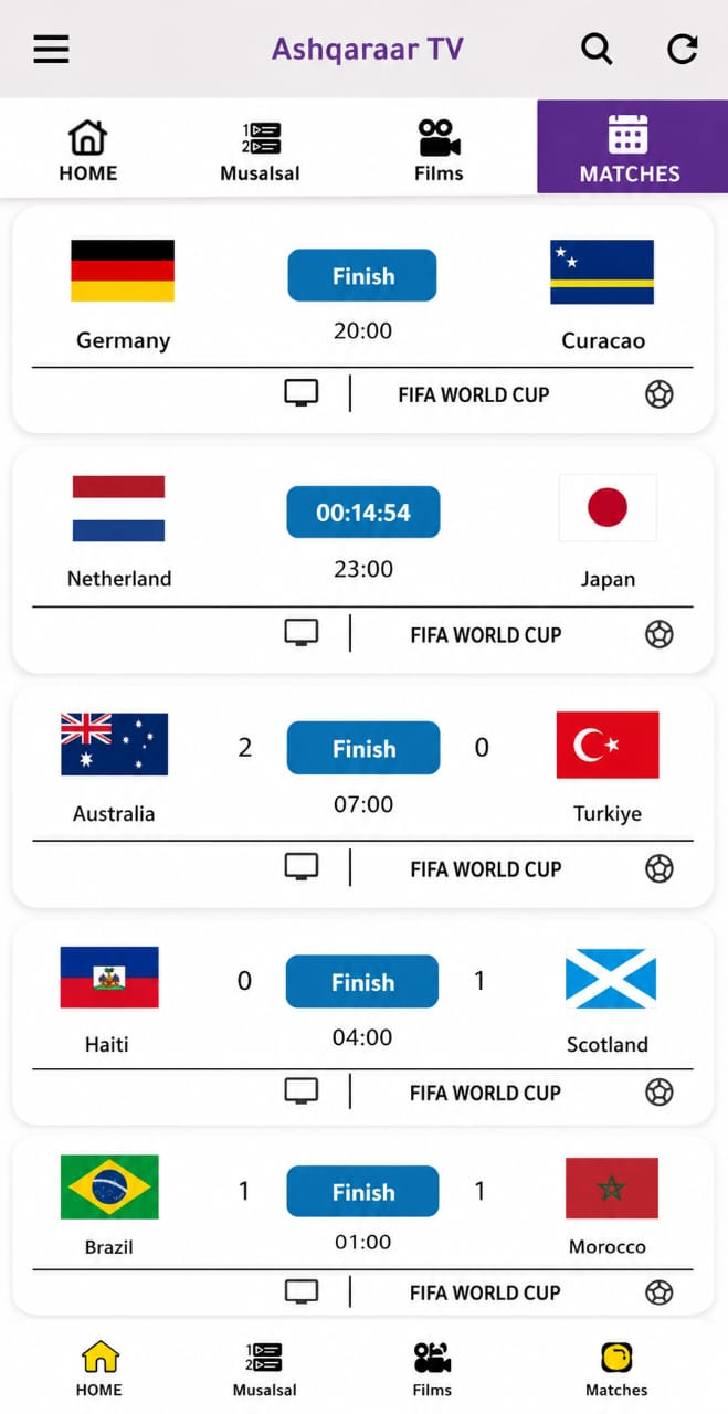 Ashqaraar TV app screenshot showing channel categories including BeIN Sports, Netflix, SSC Sports, Somali Channels, MBC, OSN and more